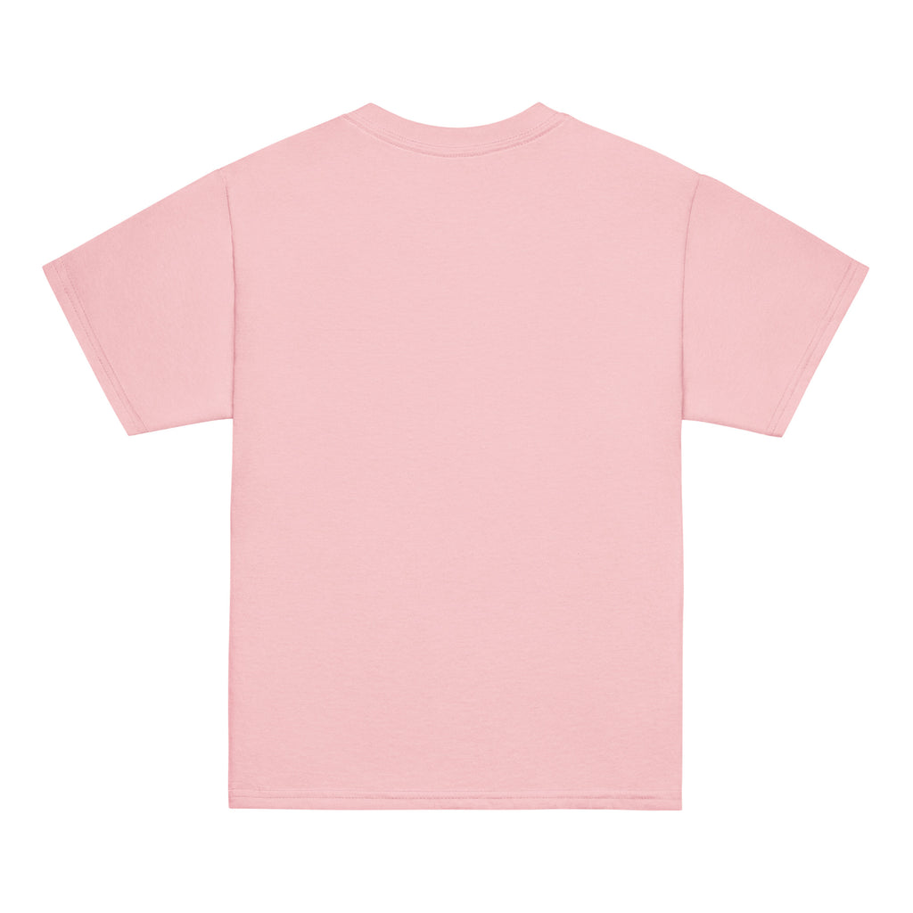 Back view of a light pink t-shirt on a white background