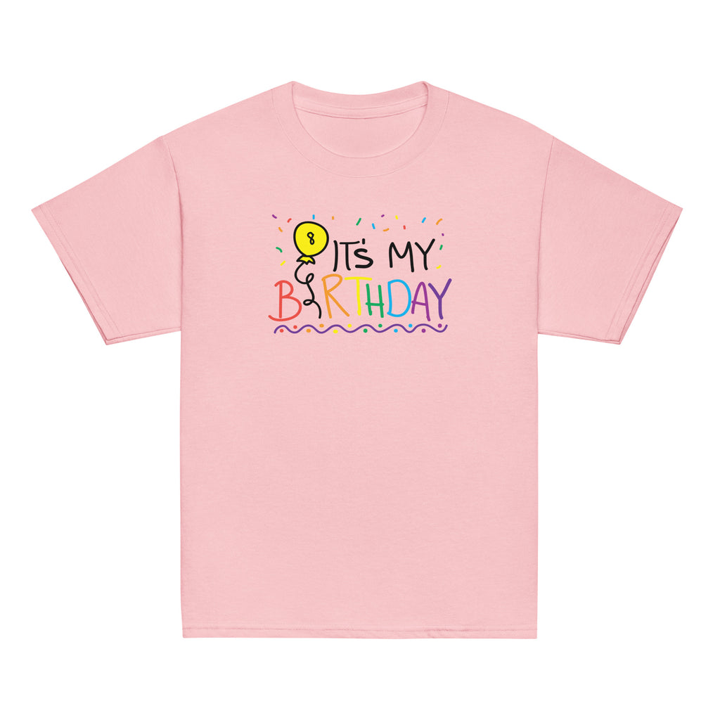 Light Pink t-shirt with 'It's My 8th Birthday' text and colorful design on a white background