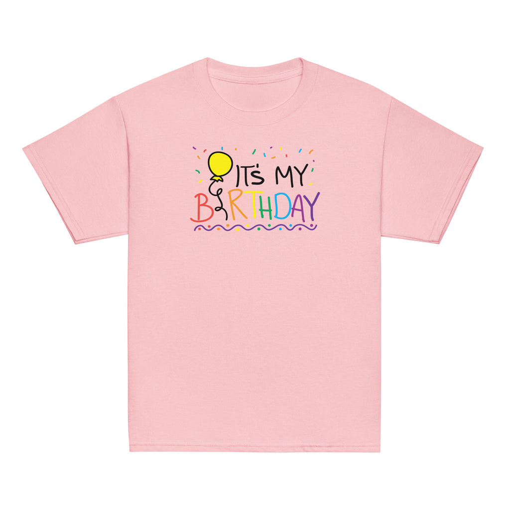 Pink t-shirt with 'It's My Birthday' text and colorful design on a white background