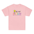 Pink t-shirt with 'It's My Birthday' text and colorful design on a white background