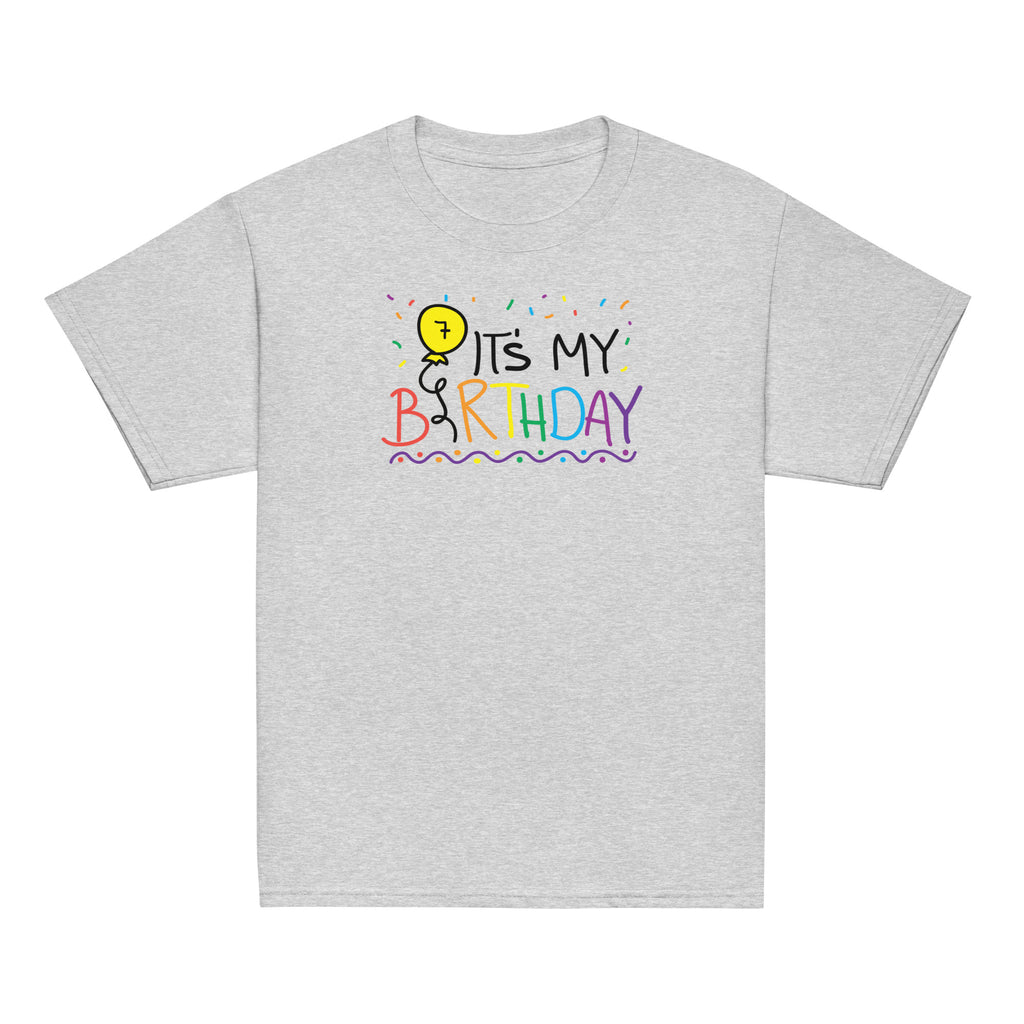 Sport Grey t-shirt with 'It's My 7th Birthday' text and colorful design on a white background