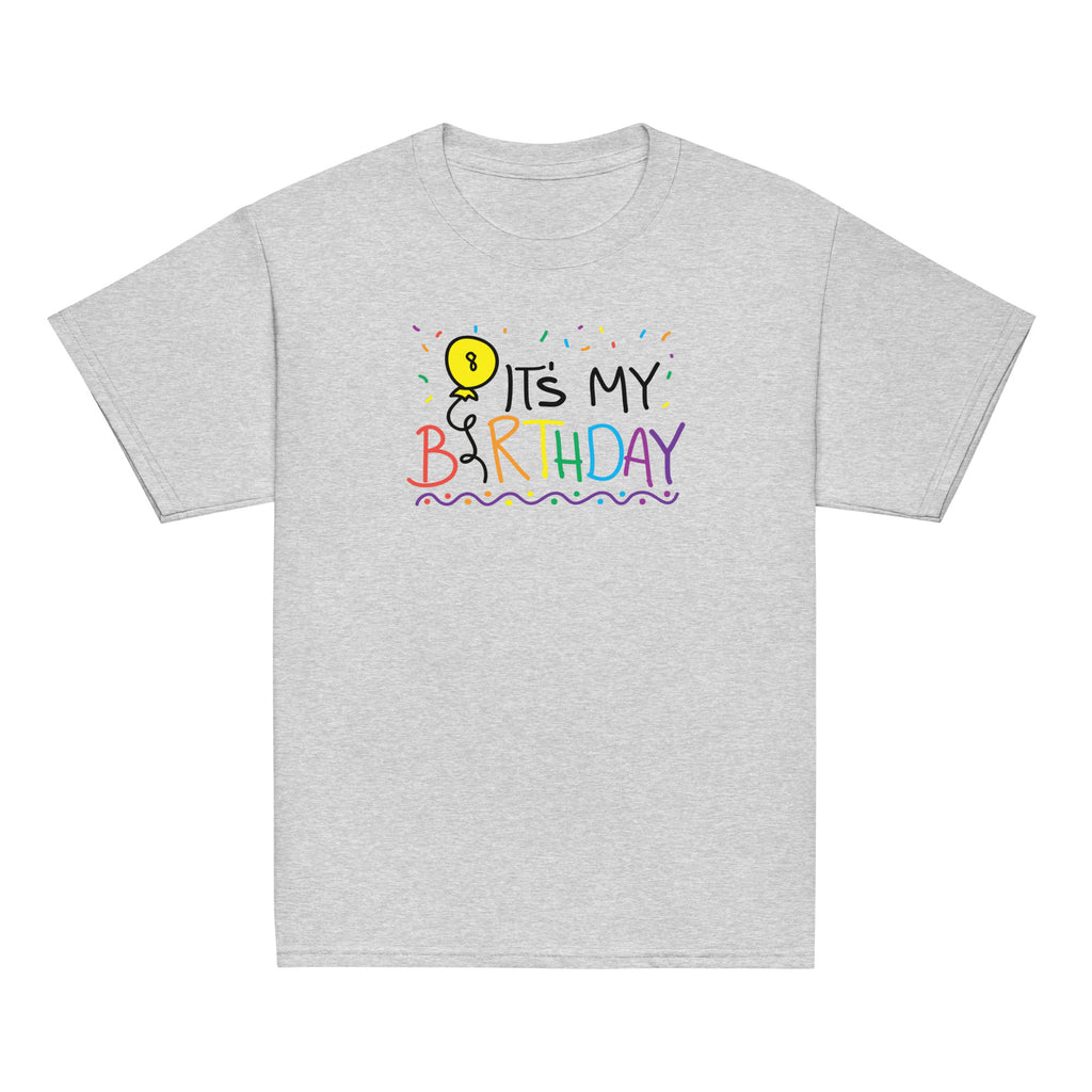Sport Grey t-shirt with 'It's My 8th Birthday' text and colorful design on a white background
