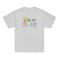 Sport Grey t-shirt with 'It's My Birthday' text and colorful design on a white background